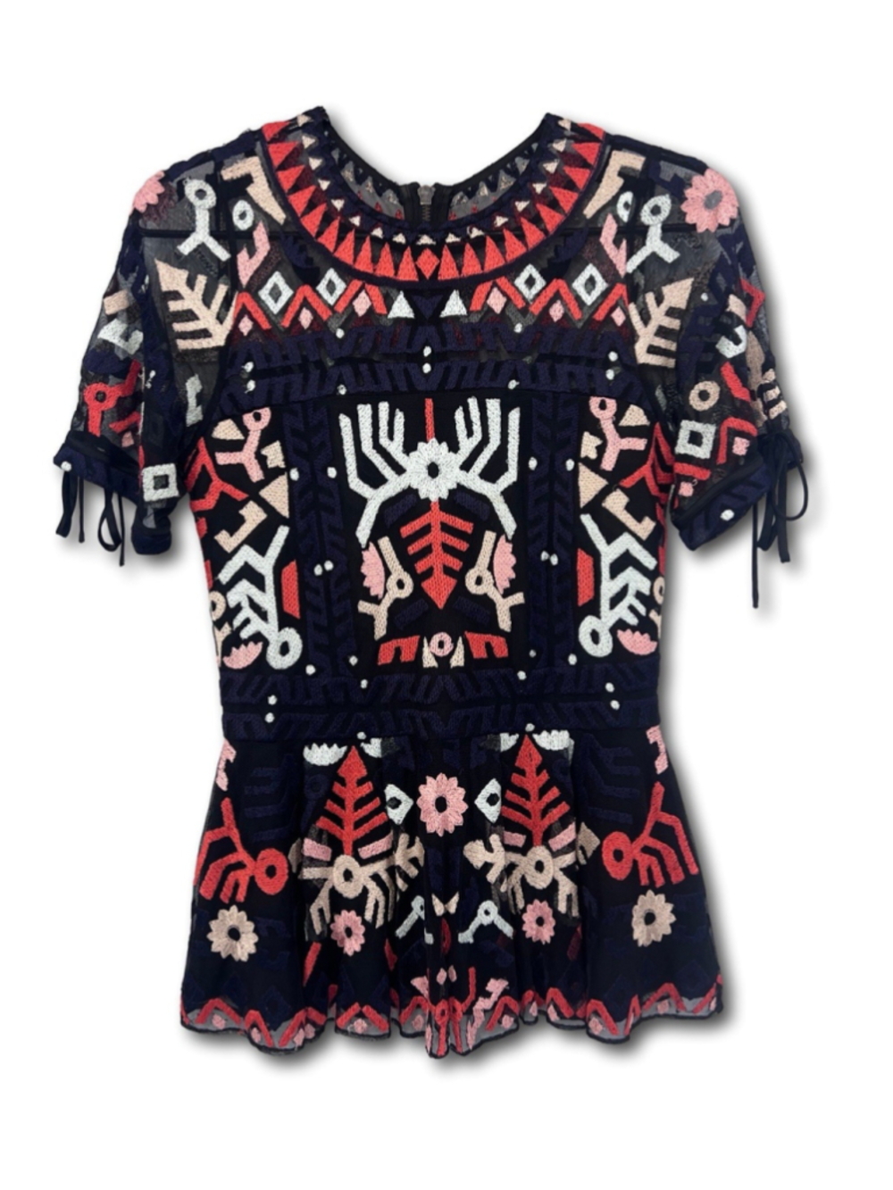 Parker New York Ellie Embroidered Peplum Top Navy Mesh Sheer Tribal Size XS-S